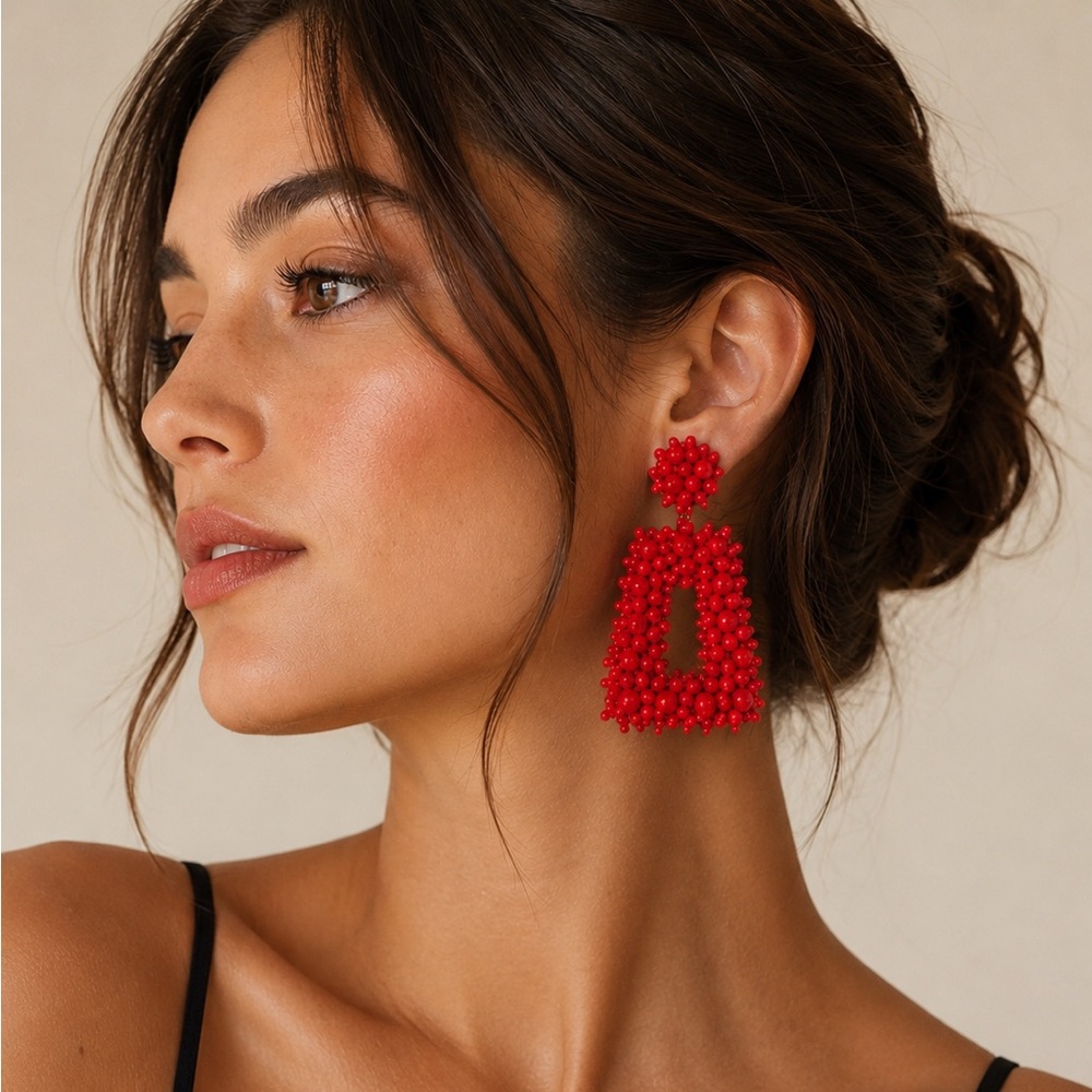 Red Beaded Statement Drop Earrings - Women Jewelry - Picture 2 of 2